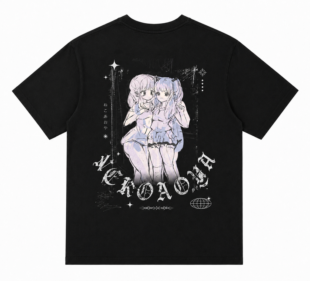 Cat Skull Anime Girls Tee - Black