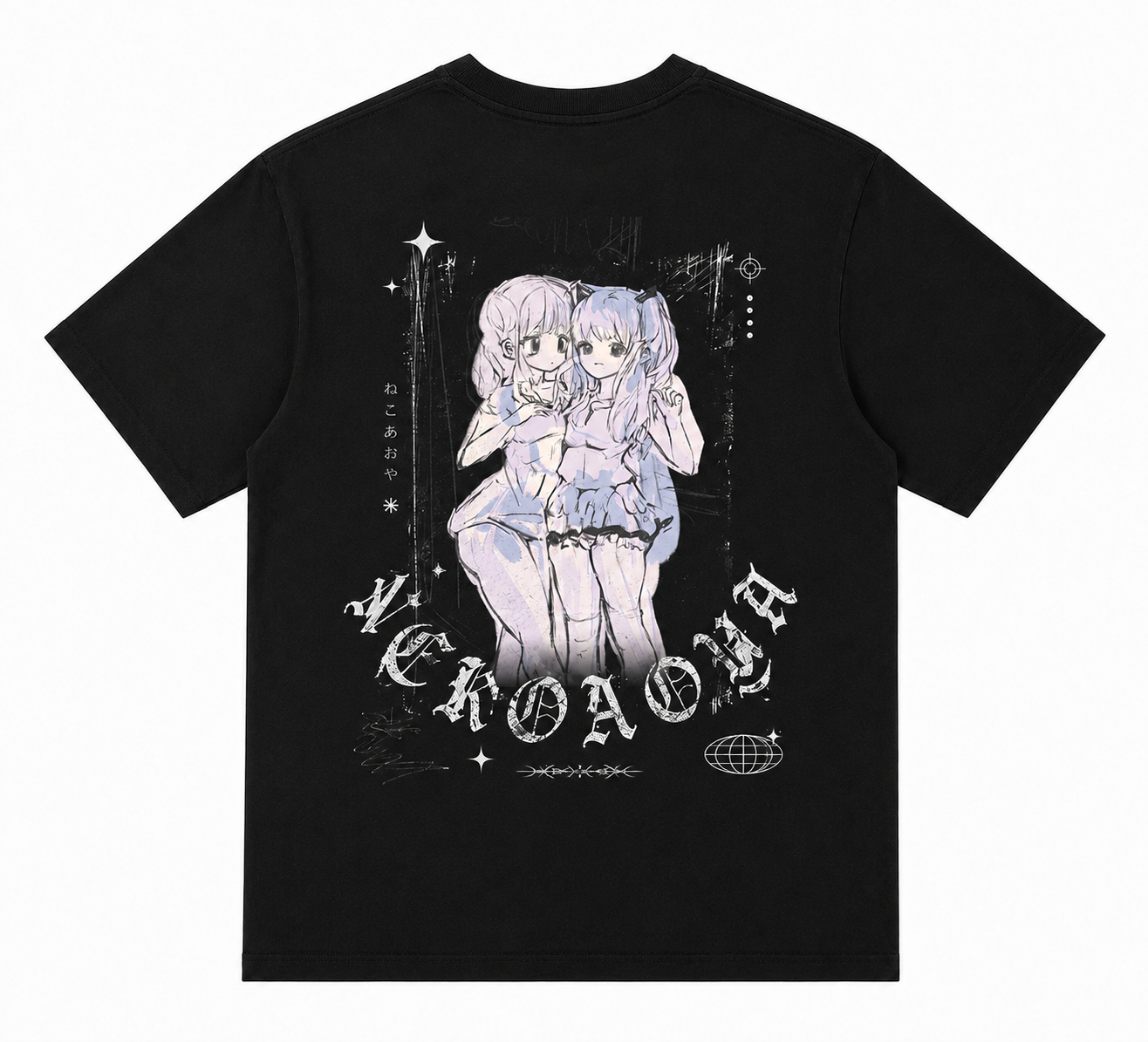 Cat Skull Anime Girls Tee - Black