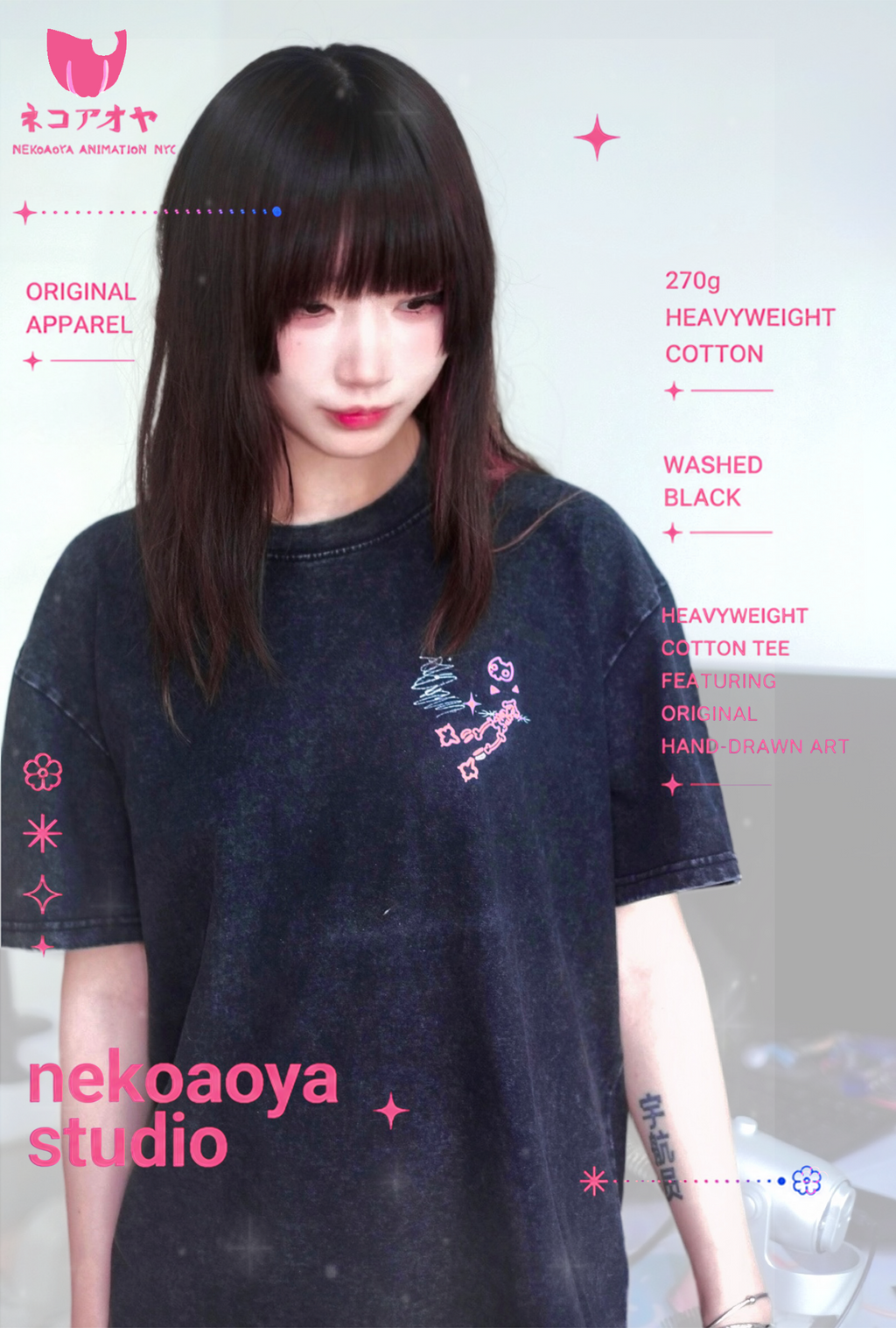 Cat Skull Anime Girls Tee - Black