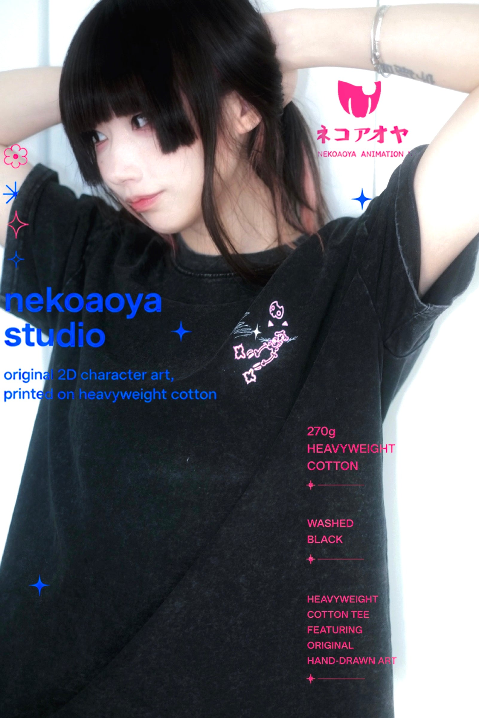 Cat Skull Anime Girls Tee - Black