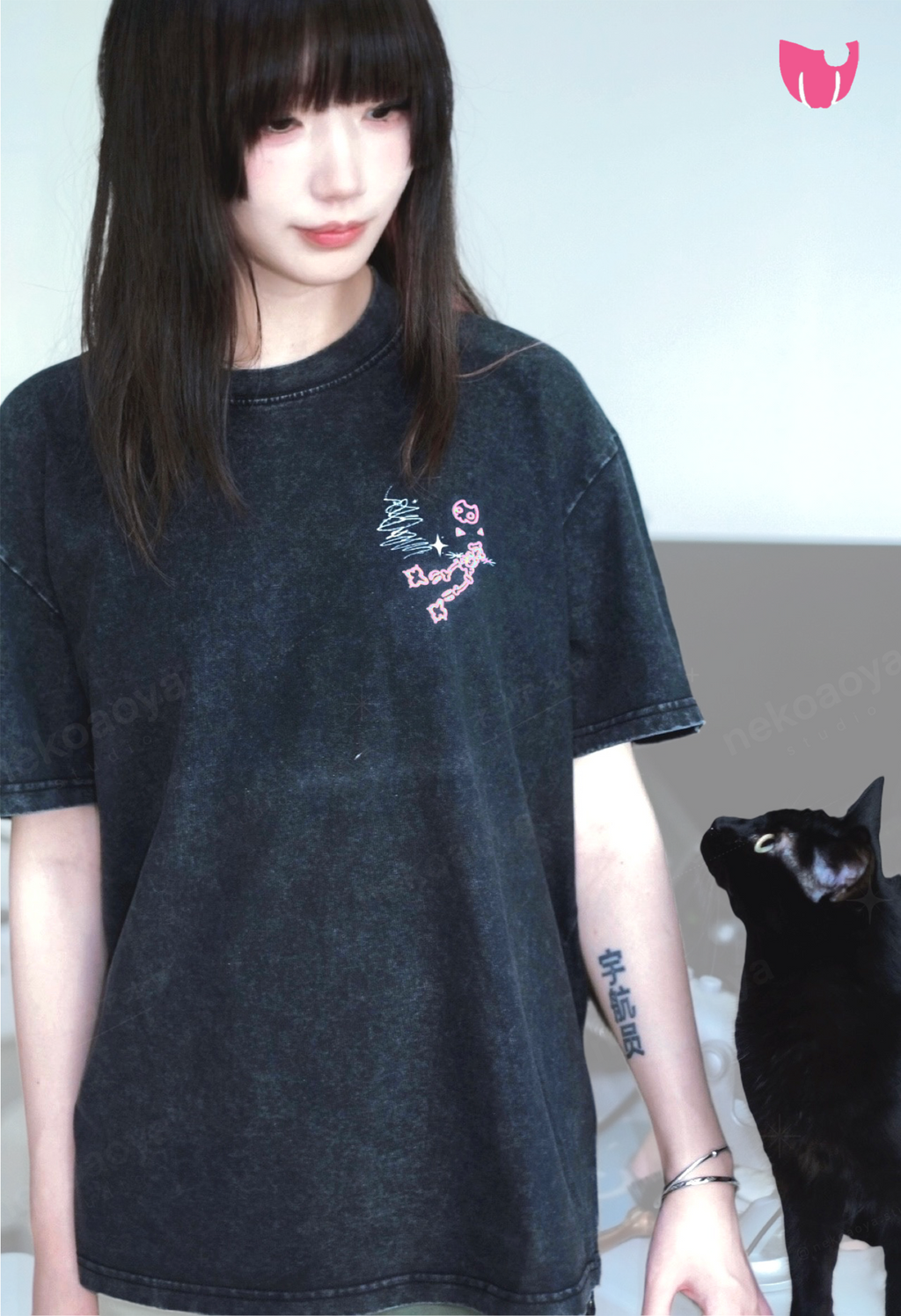 Cat Skull Anime Girls Tee - Black