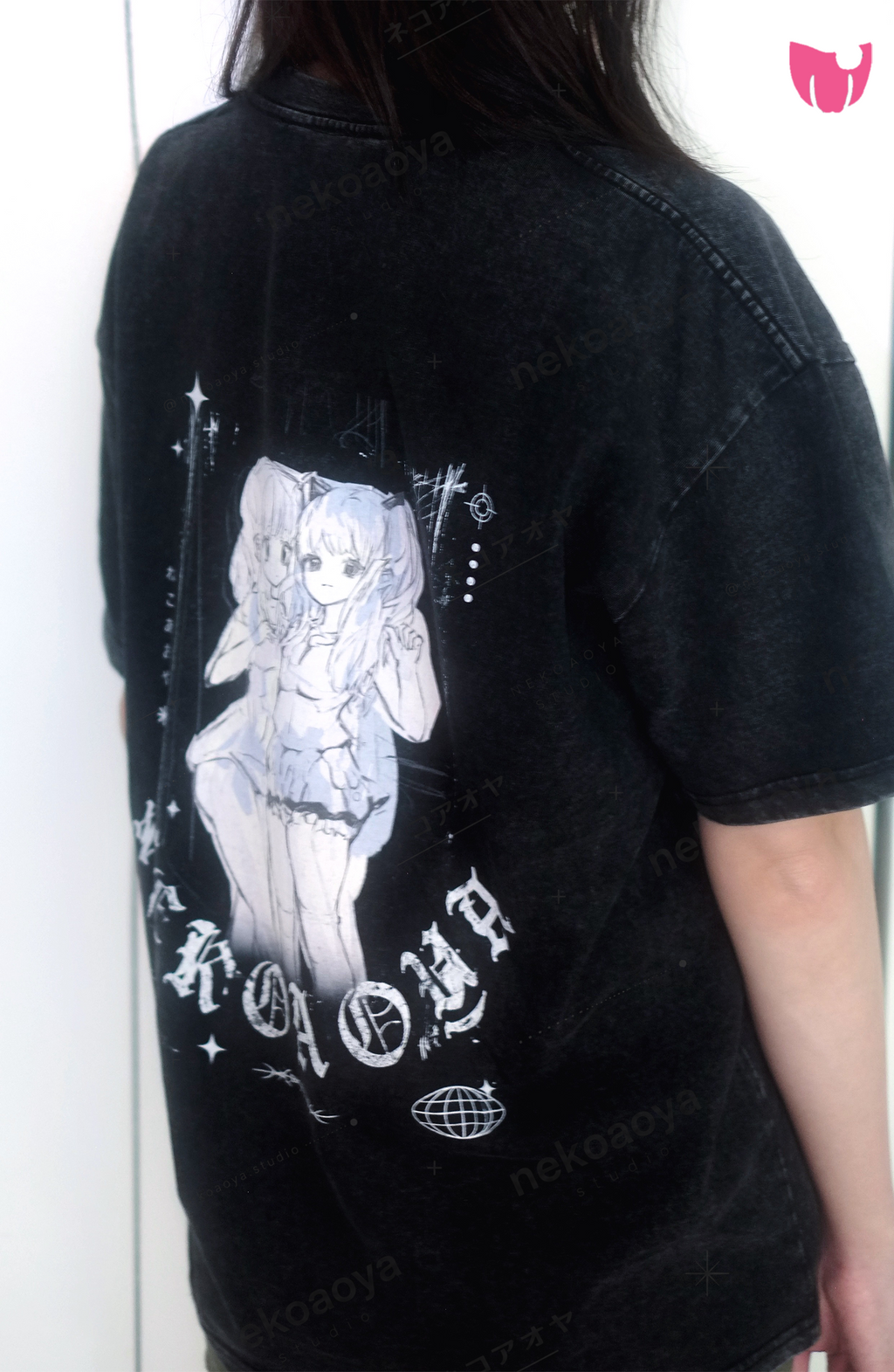 Cat Skull Anime Girls Tee - Black