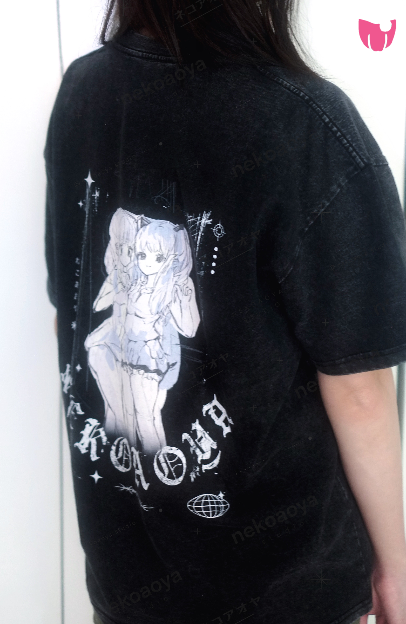 Cat Skull Anime Girls Tee - Black